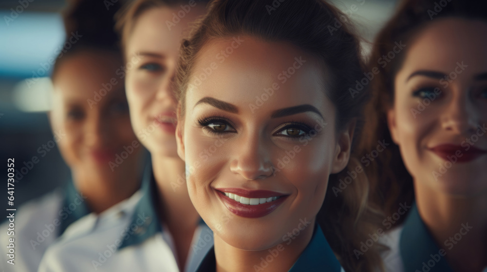 Group of smiling stewardess cabin crew. Friendly service travel concept Group of smiling stewardess cabin crew. Friendly service travel concept
