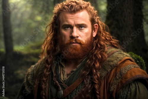 Young red-haired dwarf druid with a red beard stands in the forest with a serious look.