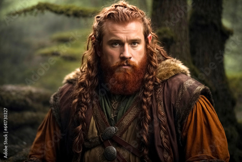 Young red-haired dwarf druid with a red beard stands in the forest with a serious look.