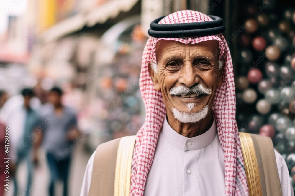 Close-up portrait photography of a grinning mature man blowing a bubblegum showing off a delicate necklace at the mecca in saudi arabia. With generative AI technology