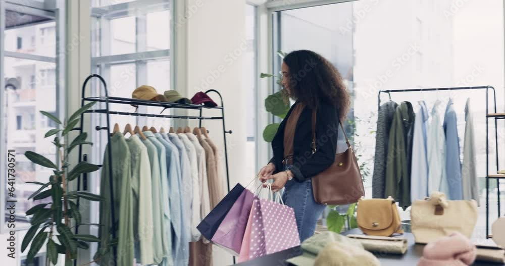 Woman, shopping and walking with bags in retail, store and sale in fashion with customer in shop with choice of clothing. Small business, boutique or person in mall with discount purchase of clothes