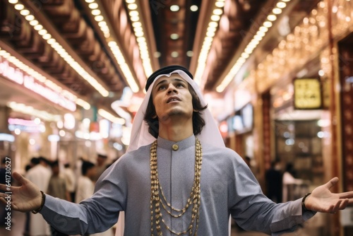 Lifestyle portrait photography of a content boy in his 30s miming a 'i don't know' shrug wearing a dramatic choker necklace at the mecca in saudi arabia. With generative AI technology