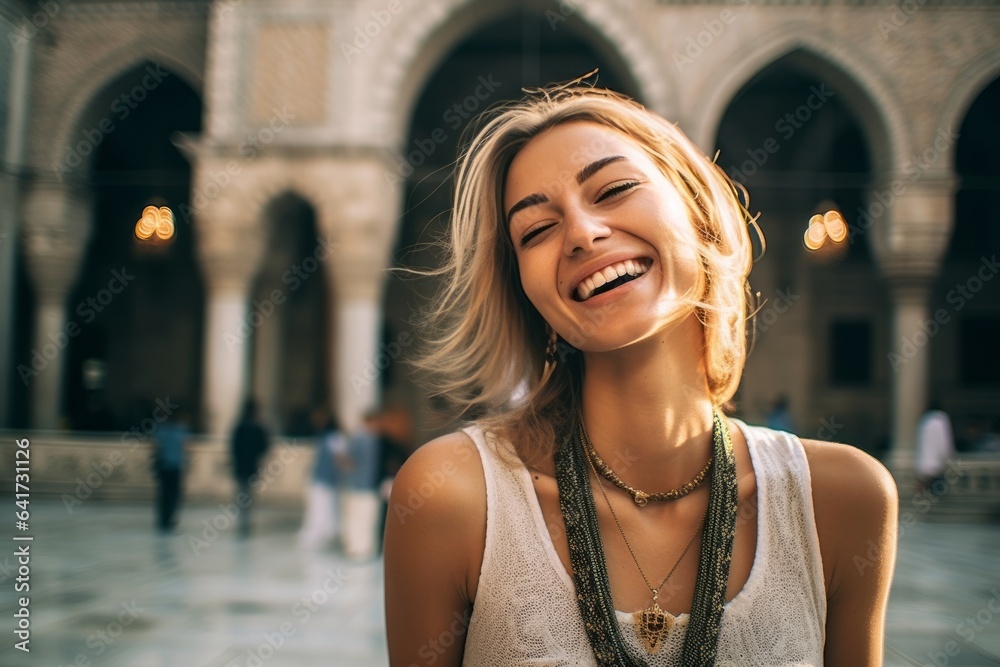 Medium shot portrait photography of a happy girl in her 20s blowing kisses donning a delicate lace choker at the blue mosque in istanbul turkey. With generative AI technology