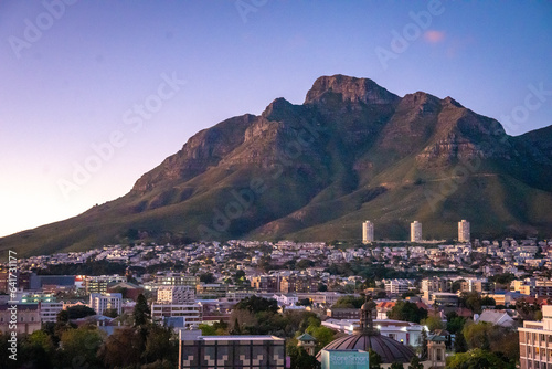 Aerial view of Cape Town city centre at sunset in Western Cape, South Africa