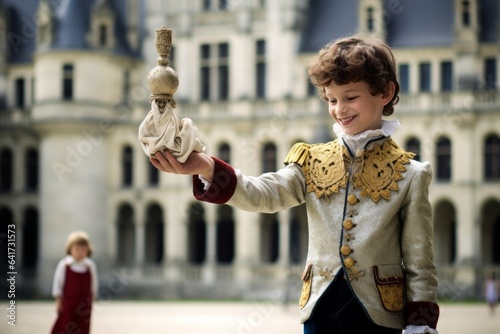 Medium shot portrait photography of a glad boy in his 30s miming a 'talking' hand puppet donning a sparkling tiara at the chateau de chambord in chambord france. With generative AI technology photo