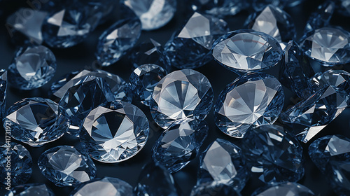Shiny diamonds brilliants gemstones on dark background. Blue Diamonds crystal jewel light reflect texture background.