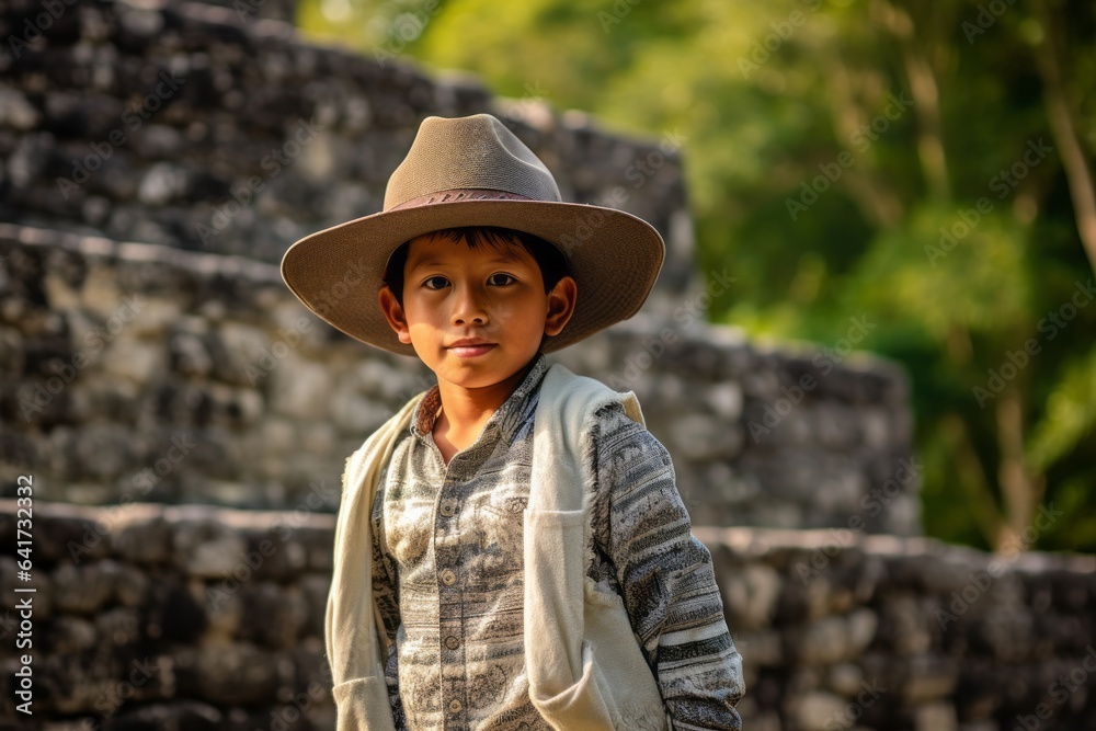 Medium shot portrait photography of a merry kid male crossing arms showing off a whimsical sunhat at the tikal national park in peten guatemala. With generative AI technology