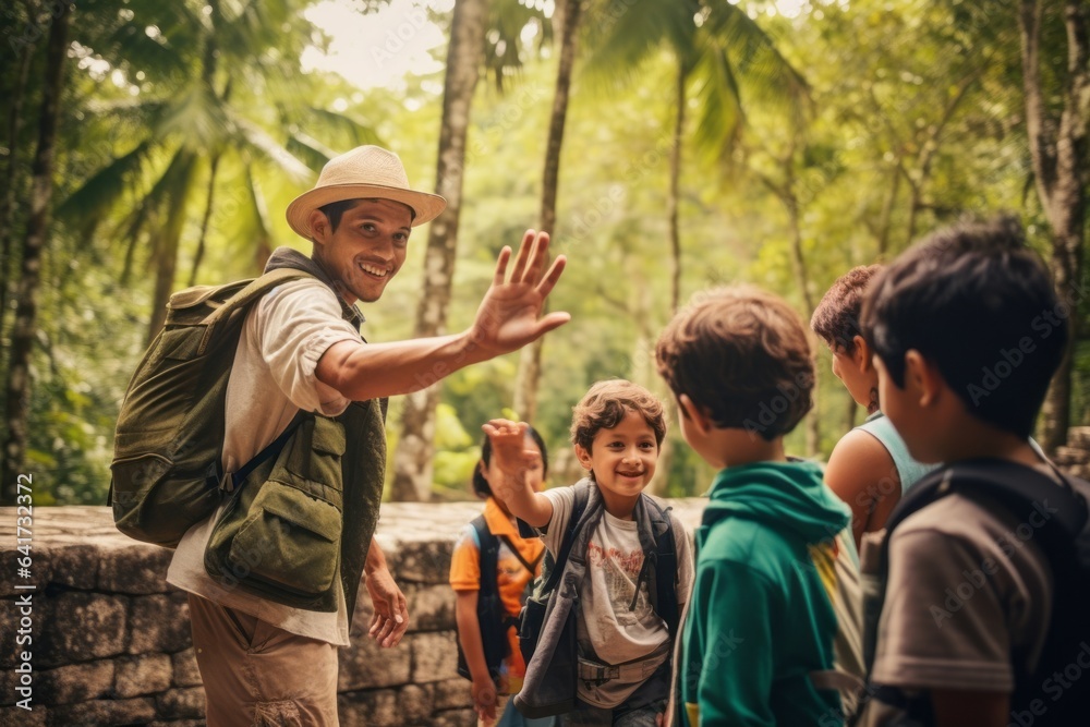 Lifestyle portrait photography of a cheerful kid male giving a high five dressed in a water-resistant gilet at the tikal national park in peten guatemala. With generative AI technology