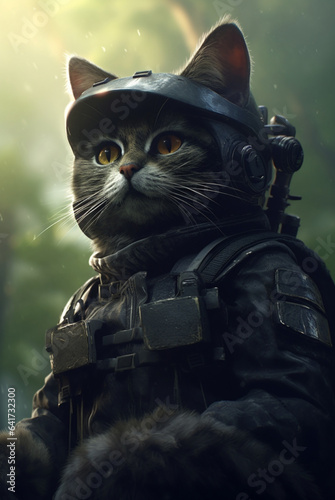 Cute hype realistic futuristic soldier cat