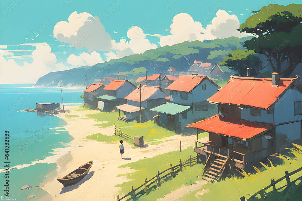 Fototapeta premium village on the lake. Generative AI 