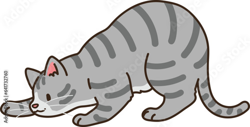 Simple and adorable illustration of grey tabby cat playing and hunting