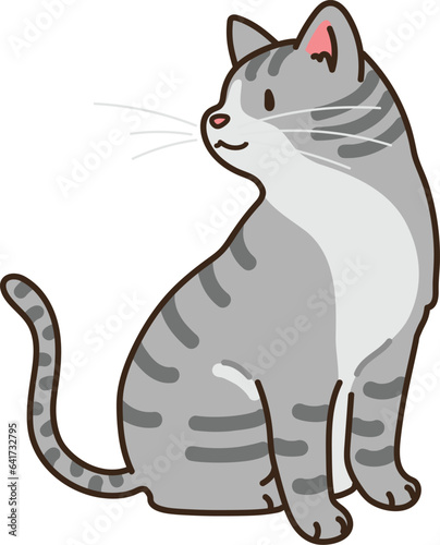 Simple and adorable illustration of grey cat sitting looking sideways