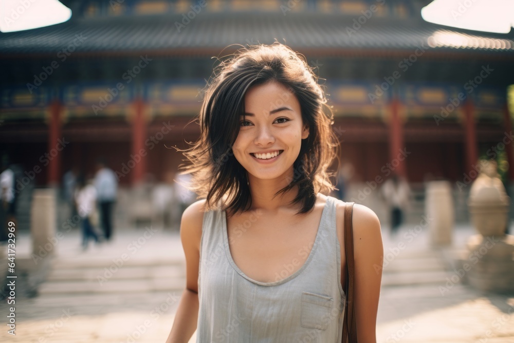 Headshot portrait photography of a joyful girl in her 30s hand on heart donning a trendy cropped top at the mausoleum of the first qin emperor in xian china. With generative AI technology