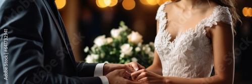 cropped view of bride and groom holding hands in cafe, wedding concept Fototapet
