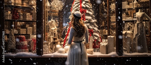 A model draped in elegant winter wear, standing gracefully against an opulent Christmas window display, capturing urban yuletide elegance