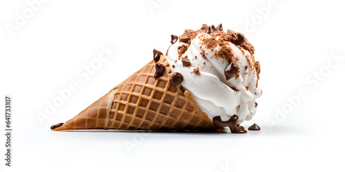 Squisito Gelato Cornetto alla Panna, Ice cream cone on a white surface, Vanilla ice cream scoop with chocolate parts or pieces in waffle cone isolated on white background, generativeAi photo