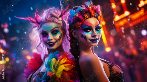 Halloween party on night city background. Smiling girls in carnival costume and with festive makeup. Shiny colored bokeh lights. Generative AI