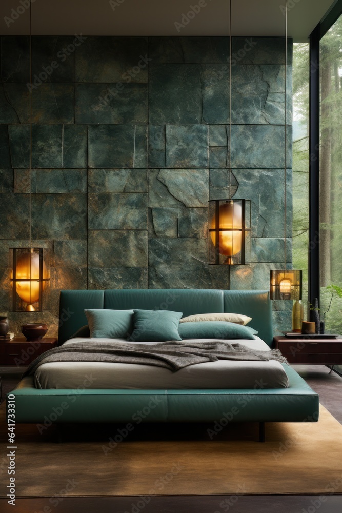 Wide View of Bedroom, Radiating Earthy Ambiance through Warm Hardwood Floors, Wood Walls, and Green Radiance Wide View of Bedroom, Radiating Earthy Ambiance through Warm Hardwood Floors, Wood Walls, and Green Radiance