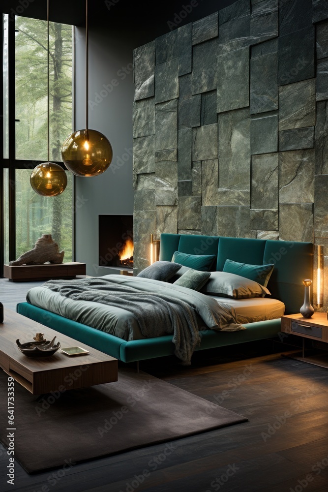 Obraz premium Generous Bedroom Retreat, Combining Chic Elegance, Inviting Hardwood Floors, Wood Walls, and Soft Green Tones