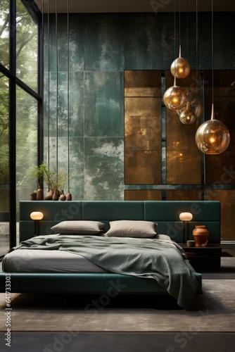 Wide View of Bedroom, Radiating Earthy Ambiance through Warm Hardwood Floors, Wood Walls, and Green Radiance