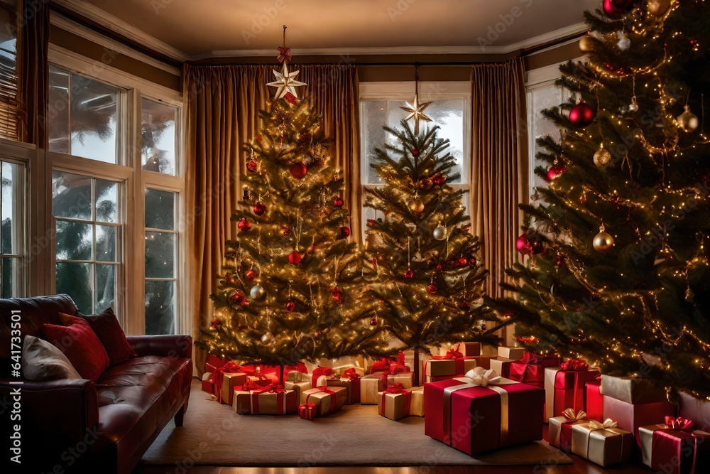christmas tree with presents, christmas tree with christmas decorations, 
