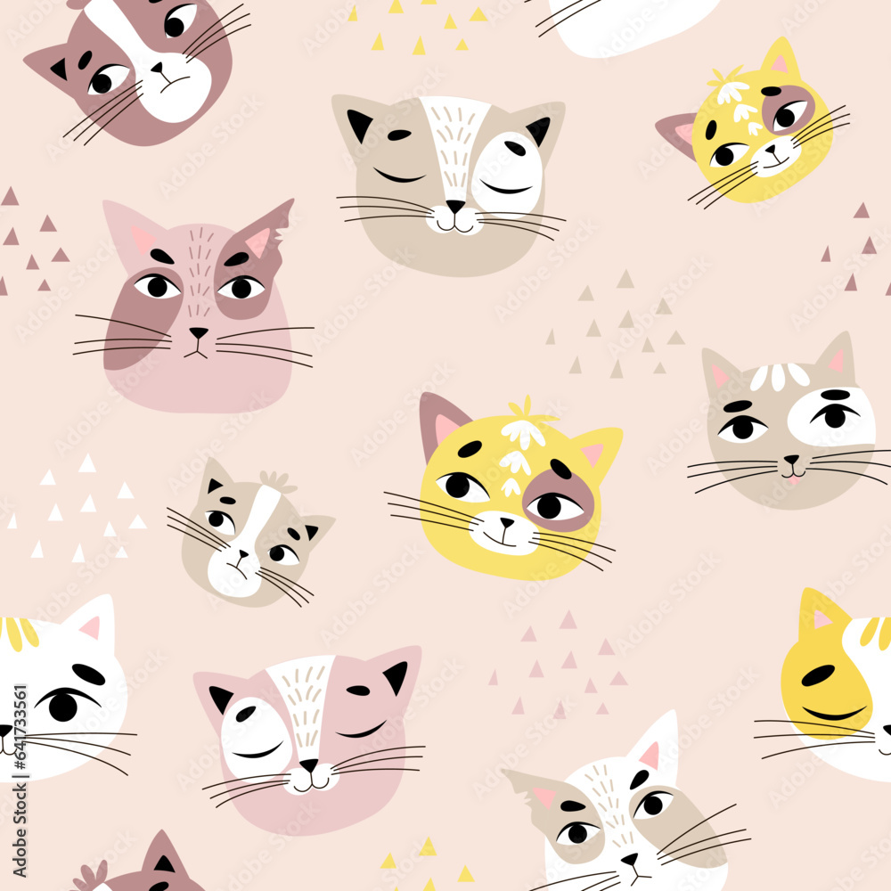 Vector seamless children's pattern with cat faces on a pink background. Suitable for baby prints, baby room decor, wallpapers, wrapping paper, stationery, scrapbooking, etc. Vector seamless children's pattern with cat faces on a pink background. Suitable for baby prints, baby room decor, wallpapers, wrapping paper, stationery, scrapbooking, etc.