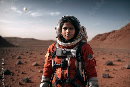 A woman in a space suit, standing on a red colored planet © Melipo-Art