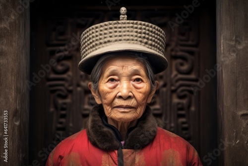 Lifestyle portrait photography of a satisfied old woman holding a wrench donning a sophisticated pillbox hat at the mausoleum of the first qin emperor in xian china. With generative AI technology photo