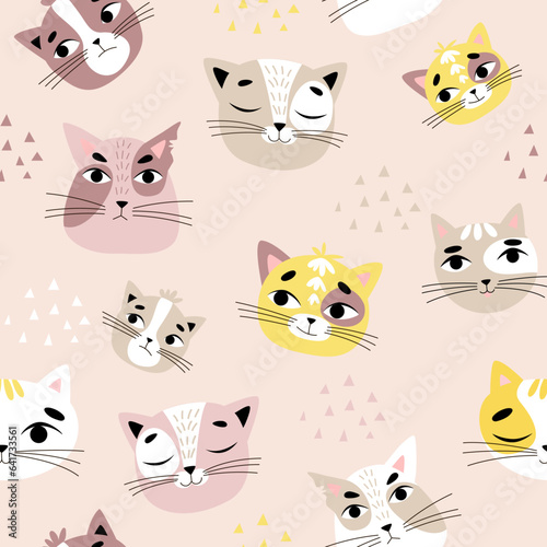 Vector seamless children s pattern with cat faces on a pink background. Suitable for baby prints  baby room decor  wallpapers  wrapping paper  stationery  scrapbooking  etc.