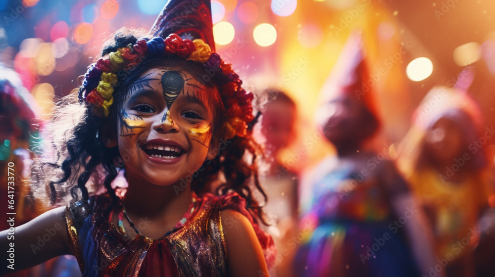 Banner with happy smiling kid in halloween carnival costume. Shiny colored lights. Bokeh. Copy space. Generative AI Banner with happy smiling kid in halloween carnival costume. Shiny colored lights. Bokeh. Copy space. Generative AI