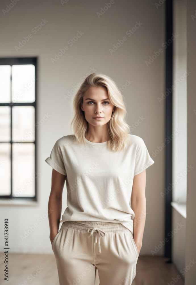 immagine primo piano di giovane affascinante donna, artista, creativo, manager, spazio luminoso, luce diurna, sguardo verso l'osservatore