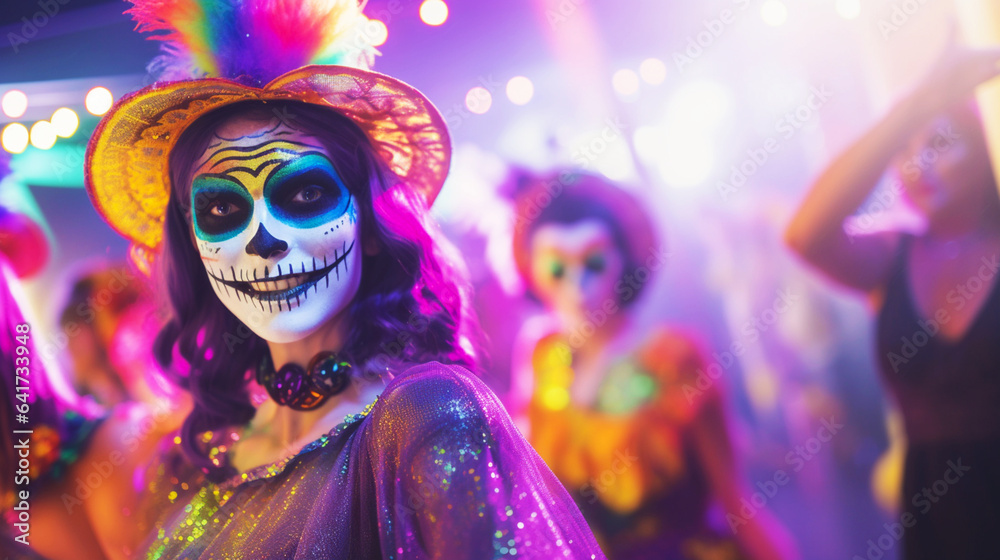 Halloween party in night club. Smiling woman in carnival costume and with mexican makeup, flowers and skull. Shiny colored lights. Day of the dead. Generative AI