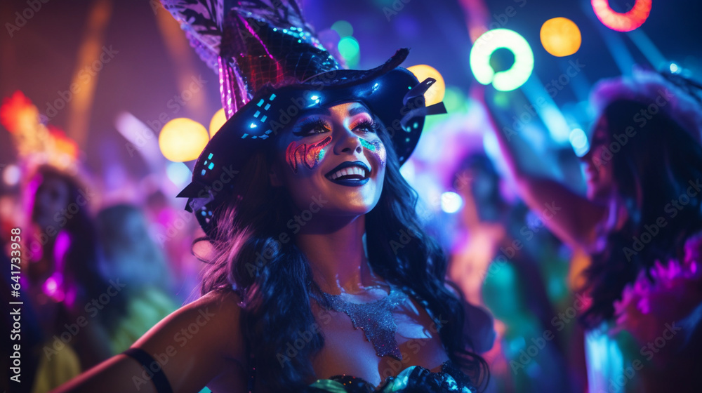 Halloween party in night club. Smiling happy woman dancing in carnival witch costume and with festive makeup. Shiny colored lights. Generative AI