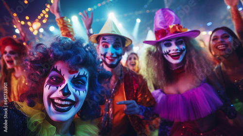 Halloween party in night club. Smiling happy people dancing in carnival costume and with festive makeup with skull. Shiny colored lights. Generative AI