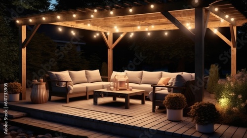 Fotografiet Simple patio furniture and string lights surrounded by greenery at night