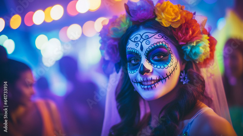 Halloween party in night club. Smiling woman in carnival costume and with mexican makeup, flowers and skull. Shiny colored lights. Day of the dead. Generative AI 