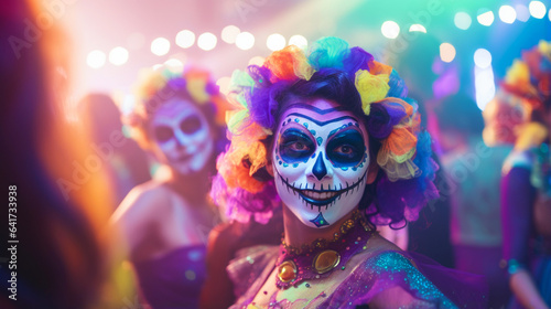 Halloween party in night club. Smiling woman in carnival costume and with mexican makeup, flowers and skull. Shiny colored lights. Day of the dead. Generative AI 
