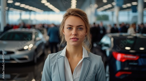 Car salesman, Attractive young woman client is buying new comfort luxury auto at showroom.