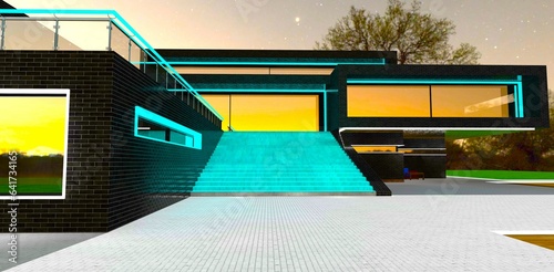 Magic color of the sunset reflected in huge panoramic windows of the fantastic suburban property. 3d rendering. photo