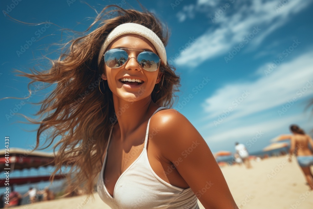 Naklejka premium girl in motion Playing beach volleyball, hitting a ball, and falling on the sand. warm day