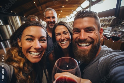 Group of friends wine tasting at a distillery or cellar drinking glasses and enjoying the tour together