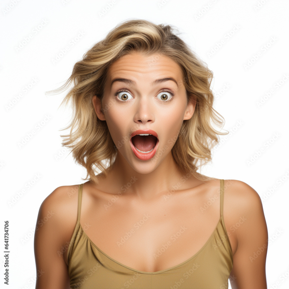 Beautiful fit model with an excited and surprised expression on white background, ai technology Beautiful fit model with an excited and surprised expression on white background, ai technology