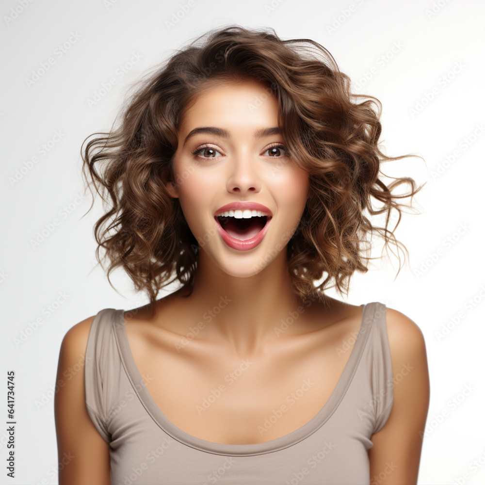 Beautiful fit model with an excited and surprised expression on white background, ai technology Beautiful fit model with an excited and surprised expression on white background, ai technology