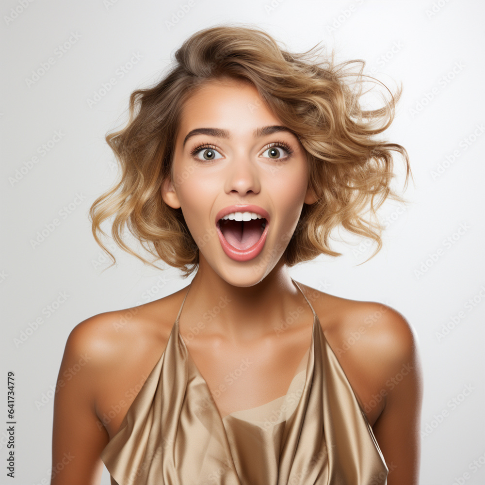 Beautiful fit model with an excited and surprised expression on white background, ai technology