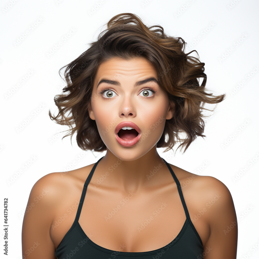 Beautiful fit model with an excited and surprised expression on white background, ai technology Beautiful fit model with an excited and surprised expression on white background, ai technology
