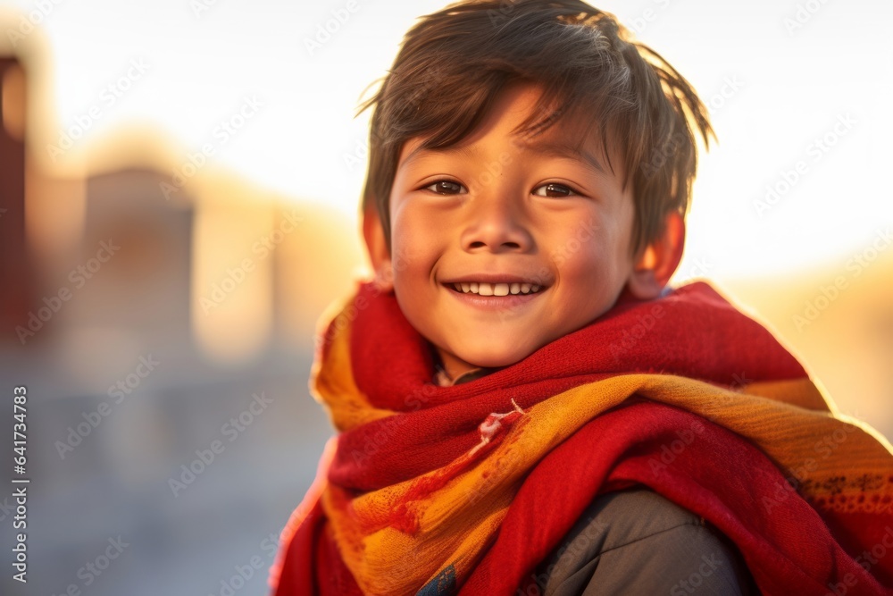 Close-up portrait photography of a joyful kid male smiling donning a gorgeous silk scarf at the potala palace in lhasa tibet. With generative AI technology Close-up portrait photography of a joyful kid male smiling donning a gorgeous silk scarf at the potala palace in lhasa tibet. With generative AI technology