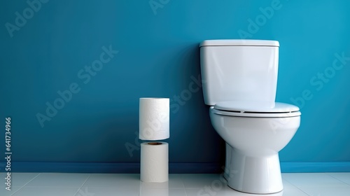 Modern toilet room interior  Ceramic toilet bowl and paper rolls near blue wall.