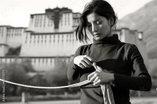 Photography in the style of pensive portraiture of a grinning girl in her 20s miming pulling a rope dressed in a classic turtleneck at the potala palace in lhasa tibet. With generative AI technology