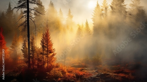 Coniferous forest in autumn at sunset with fog, God Rays, autumn, nature