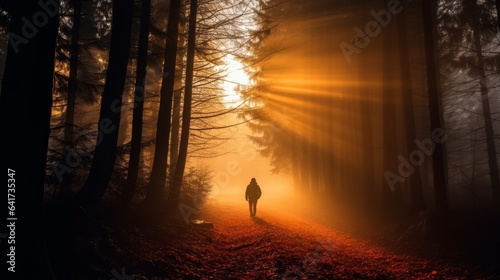 Coniferous forest in autumn with a silhouette walking alone at sunset with fog, God Rays, autumn, nature